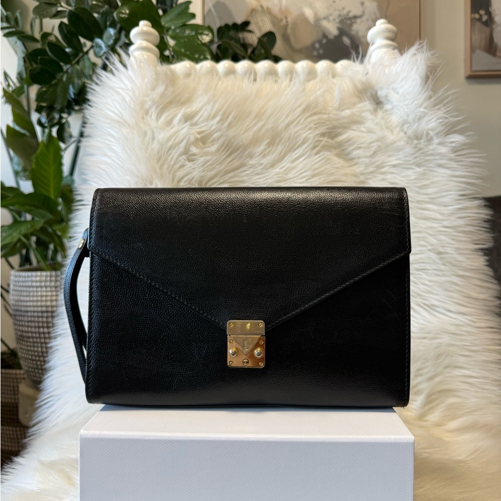 Authentic Yves Saint Laurent Black Leather Envelope Clutch with Gold Lock